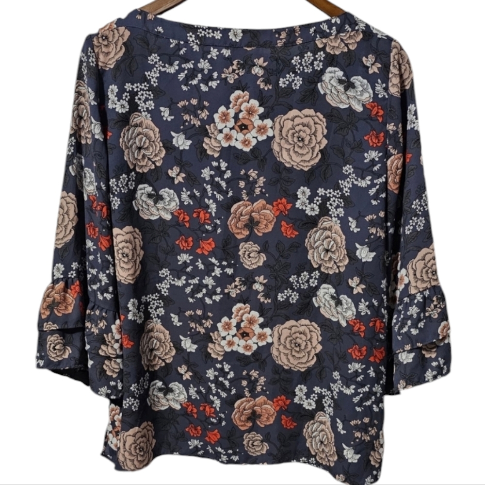 LOFT Floral Flounced Sleeve Blouse – Size Medium | Chambray Blue/Floral - Picture 2 of 5